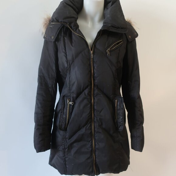 Womens Andrew Marc Black Down Coat W/Raccoon Fur Hood L - Picture 6 of 10